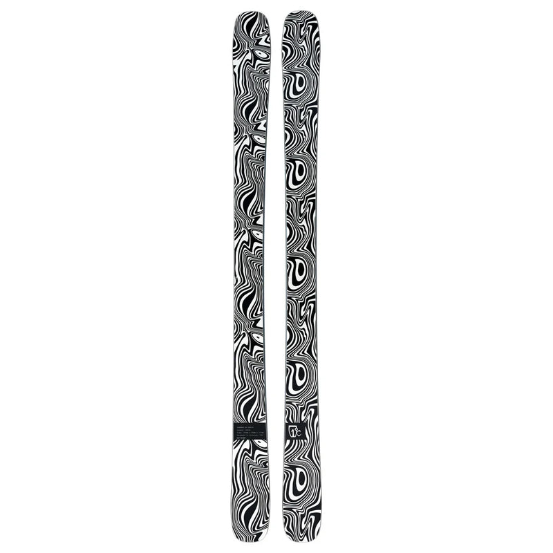 A pair of Icelantic Skis Torrent 96 Proto, featuring a bold black and white wavy abstract pattern across their entire surface, positioned side by side on a white background.