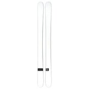 A pair of Icelantic Skis Nomad 106 Whiteout skis in white with a minimal design, displayed side by side, featuring a small black label with text and the brand logo near the base.