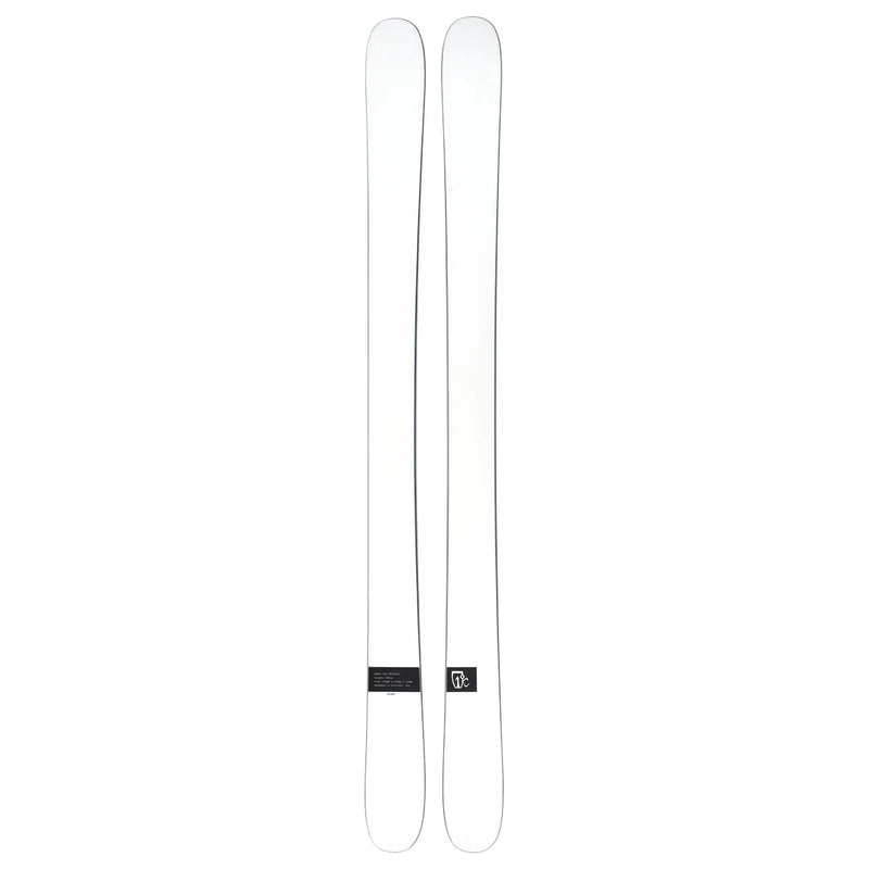 A pair of Icelantic Skis Nomad 106 Whiteout skis in white with a minimal design, displayed side by side, featuring a small black label with text and the brand logo near the base.