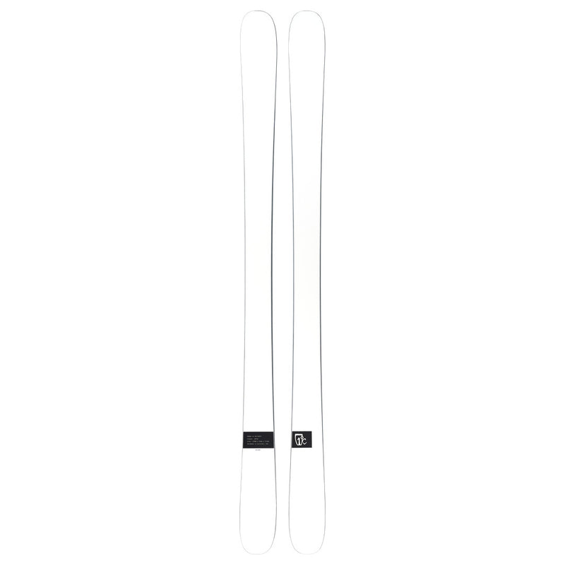 A pair of Icelantic Skis Nomad 94 Whiteout skis, featuring a white design with subtle black detailing in the center, displayed side by side on a plain white background.