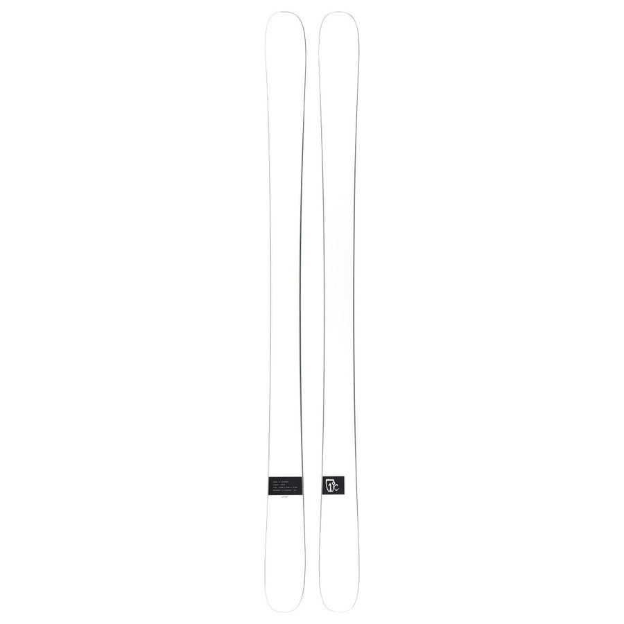A pair of Icelantic Skis Nomad 94 Whiteout skis, featuring a white design with subtle black detailing in the center, displayed side by side on a plain white background.