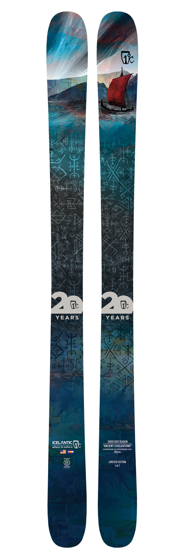 Introducing the Icelantic 20 Yr 20/21 Nomad 106 skis—a special anniversary edition that celebrates 20 years of Icelantic. These all-mountain skis feature a bold blue gradient design adorned with Nordic runes, a Viking ship with a red sail, and a distinctive “20 years” graphic. Blending eye-catching visuals with exceptional freeride performance, they honor two decades of innovation and craftsmanship from the Icelantic brand.