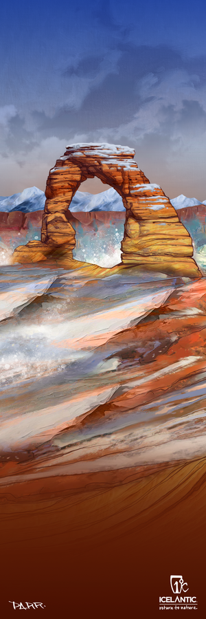 Arches Fine Art Print by Icelantic Skis features a digital painting of Delicate Arch in Utah, depicting layered red and orange rocks topped with snow, distant mountains, and a blue sky. Part of the Glacier Park Collection, this artwork is available as a fine art print and includes the Icelantic logo at the bottom.