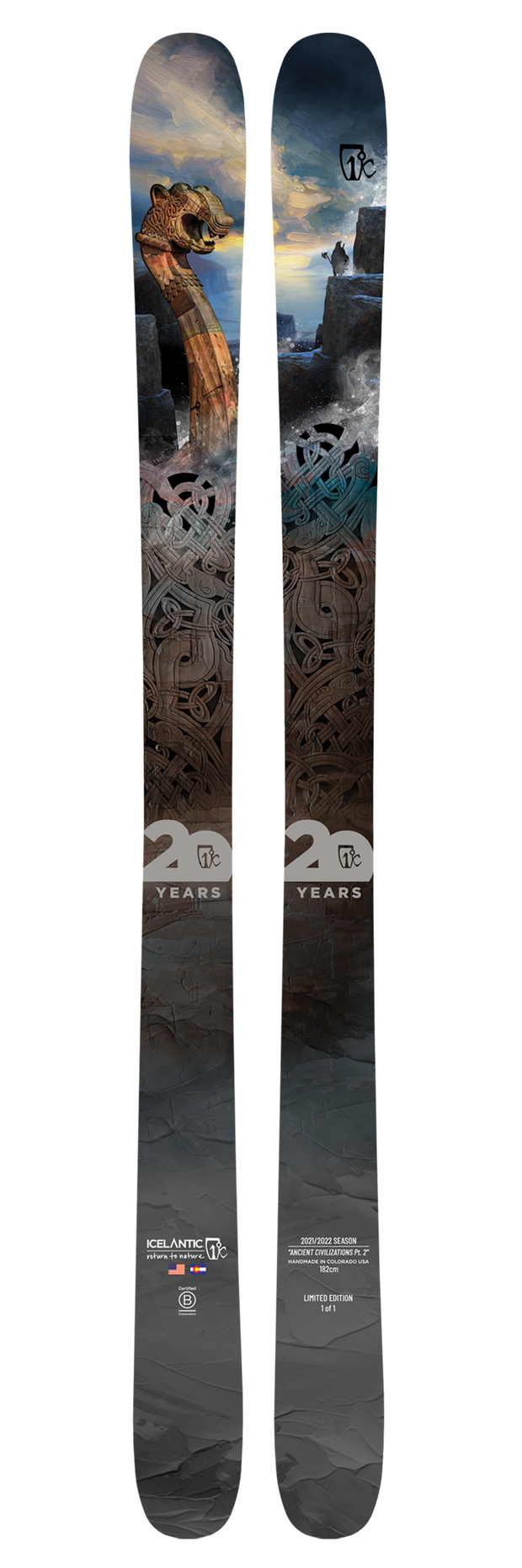 A pair of Icelantic 20 Yr 21/22 Nomad 106 all-mountain skis adorned with detailed Norse-inspired artwork—including a serpent-headed ship, knot patterns, and "20 Years" text—alongside Icelantic and Nomad 106 branding near the base.