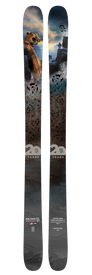 A pair of Icelantic 20 Yr 21/22 Nomad 106 all-mountain skis adorned with detailed Norse-inspired artwork—including a serpent-headed ship, knot patterns, and "20 Years" text—alongside Icelantic and Nomad 106 branding near the base.