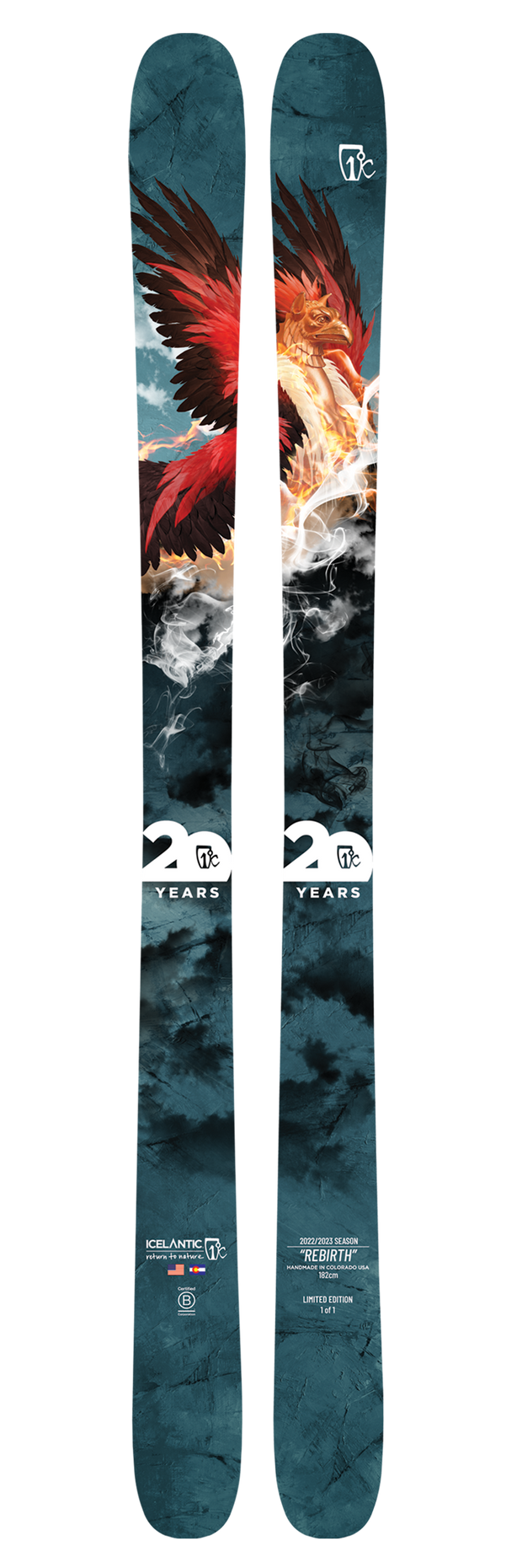A pair of Icelantic 20 Yr 22/23 Nomad 106 all-mountain skis featuring a striking design with a fiery red and orange phoenix rising from smoke, complete with the "20 Years" and Icelantic logos beneath the artwork set against a textured blue background.