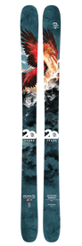 A pair of Icelantic 20 Yr 22/23 Nomad 106 all-mountain skis featuring a striking design with a fiery red and orange phoenix rising from smoke, complete with the "20 Years" and Icelantic logos beneath the artwork set against a textured blue background.