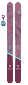 A pair of purple Icelantic 22/23 Mystic 107 skis with abstract wavy patterns, featuring a lightweight backcountry design, a female symbol, and an Editors Pick badge on the left side.