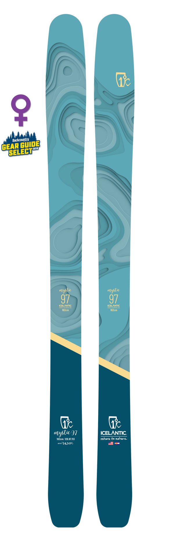 A pair of blue and teal skis with wavy patterns, bearing the Icelantic logo and text. The Icelantic 22/23 Mystic 97 is highlighted as a women’s backcountry touring ski, engineered for lightweight uphill efficiency and reliable downhill performance. A small Gear Guide Select badge featuring a female symbol appears on the left side.