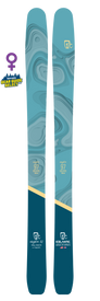 A pair of blue and teal skis with wavy patterns, bearing the Icelantic logo and text. The Icelantic 22/23 Mystic 97 is highlighted as a women’s backcountry touring ski, engineered for lightweight uphill efficiency and reliable downhill performance. A small Gear Guide Select badge featuring a female symbol appears on the left side.