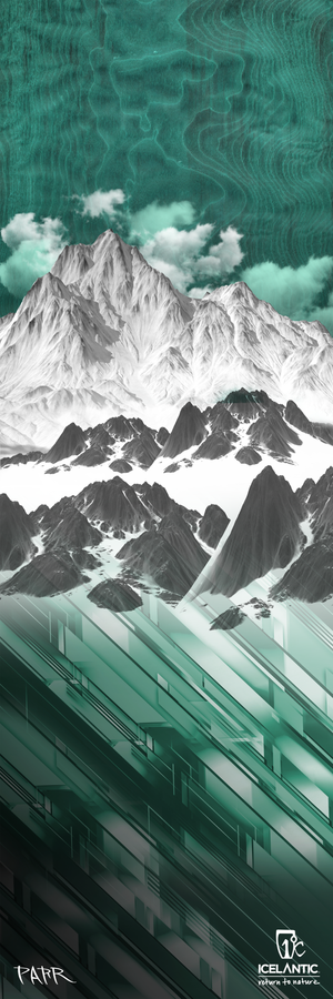 Bring the bold spirit of the outdoors into your space with the 23/24 Pioneer 109 Fine Art Print by Icelantic. This abstract artwork showcases jagged, snow-covered mountains accented by teal geometric streaks and patterns beneath a cloudy sky, with the Icelantic logo featured at the bottom right and “FAITH” inscribed at the lower left. Available as a stunning giclee print or wrapped canvas, this piece is a striking addition to any collection of fine art prints.