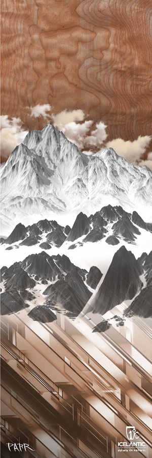Experience the artistry of the 23/24 Pioneer 86 Fine Art Print by Icelantic—featuring a stylized, vertical landscape with rich wood textures above snow-capped mountains, striking geometric shapes in the foreground, and both the Icelantic logo and artist's signature at the bottom. This piece is perfect for display as either a giclee print or a wrapped canvas fine art print.