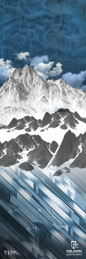 A stylized image of snow-covered mountains with geometric blue shapes in the foreground and a cloudy sky above, the 23/24 Pioneer 96 Fine Art Print by Icelantic is available as a fine art print or wrapped canvas to add a modern touch to any space. The lower right corner features the Icelantic logo and text.