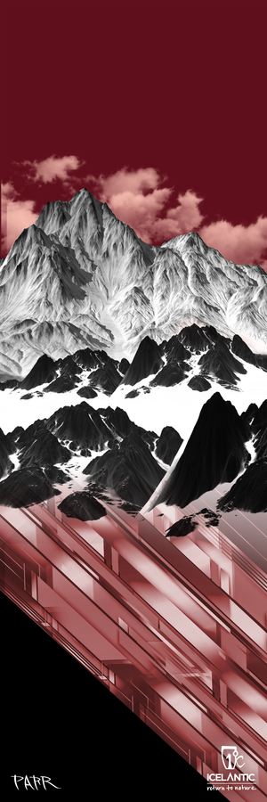 Experience the striking "23/24 Pioneer X Fine Art Print" from Icelantic, featuring a stylized image of snowy mountains rendered in sharp geometric forms with rich burgundy and black hues below. The print includes the FAFF signature at the lower left and the ICELANTIC FOREVER logo at the bottom right.