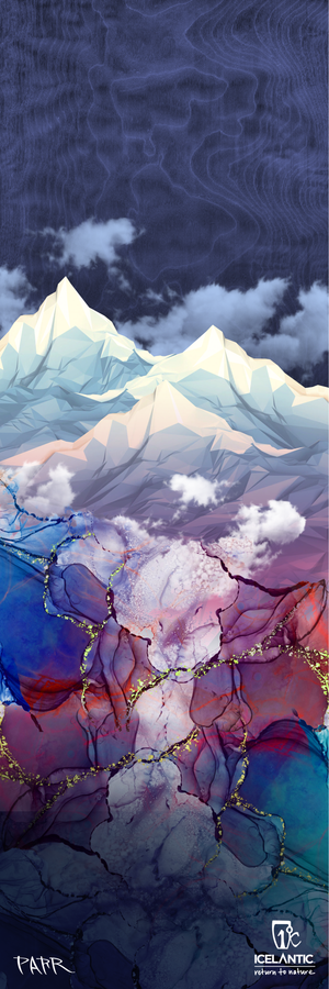An illustrated fine art print titled "23/24 Riveter 104" by Icelantic, depicting snowy mountains rising above clouds and transitioning into vibrant, abstract layers of purple, red, and blue with gold-veined patterns; the Icelantic logo features at the bottom—evoking a bold aesthetic inspired by fine art prints.