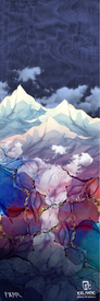 An illustrated fine art print titled "23/24 Riveter 104" by Icelantic, depicting snowy mountains rising above clouds and transitioning into vibrant, abstract layers of purple, red, and blue with gold-veined patterns; the Icelantic logo features at the bottom—evoking a bold aesthetic inspired by fine art prints.