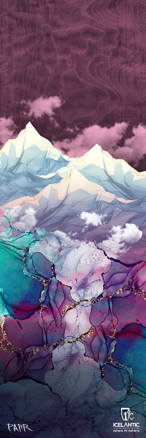 23/24 Riveter 85 Fine Art Print by Icelantic features an abstract mountain landscape by PARR. Geometric snowy peaks rise against a purple sky, merging into vibrant teal, pink, and purple fluid ink patterns with gold accents below. Available as a striking giclee print or wrapped canvas, this artwork brings contemporary style to any space.