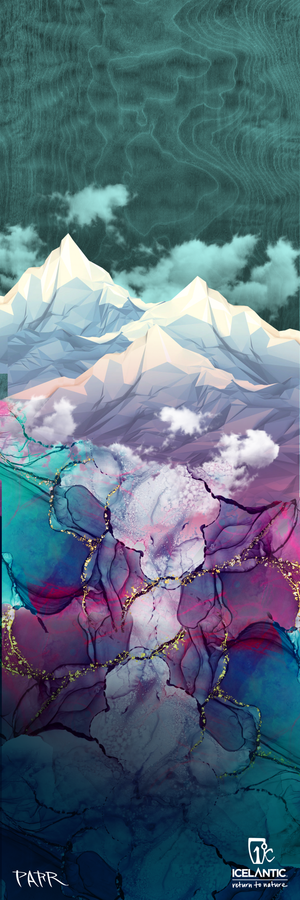 Stylized image of snowy mountains under a green sky, with clouds and a vibrant marble-like abstract pattern below. Available as the 23/24 Riveter 95 Fine Art Print by Icelantic—choose from fine art paper or stunning giclee print on wrapped canvas. Logos and text at the bottom read FAFNR and ICELANTIC.