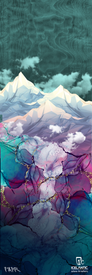 Stylized image of snowy mountains under a green sky, with clouds and a vibrant marble-like abstract pattern below. Available as the 23/24 Riveter 95 Fine Art Print by Icelantic—choose from fine art paper or stunning giclee print on wrapped canvas. Logos and text at the bottom read FAFNR and ICELANTIC.
