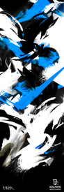 Abstract artwork with bold black, white, and blue brushstrokes. The design features dynamic, sweeping lines and splashes. Available as the 23/24 Saba Pro 107 Fine Art Print by Icelantic, this striking wrapped canvas displays the Icelantic logo along with the words FAITH and Icelantic Future to Nature at the bottom.
