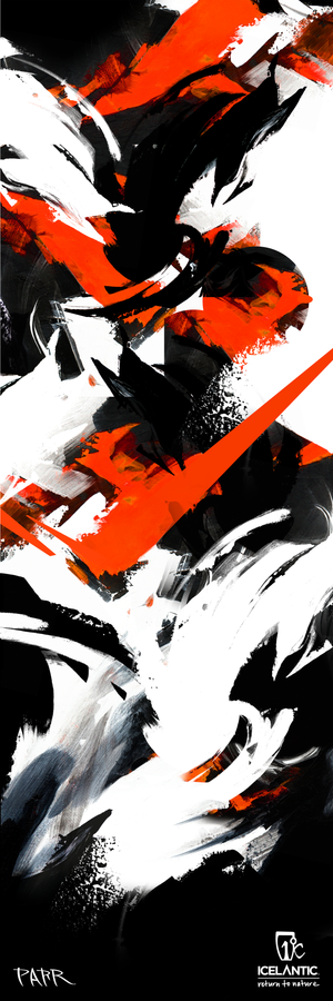 Experience the dynamic energy of the Icelantic 23/24 Saba Pro 117 Fine Art Print—an abstract composition boasting bold red, black, and white brushstrokes with sharp, angular forms and striking contrast. Perfect for giclee art prints or eye-catching topsheet graphics, this piece features subtle Icelantic branding at the bottom right corner.