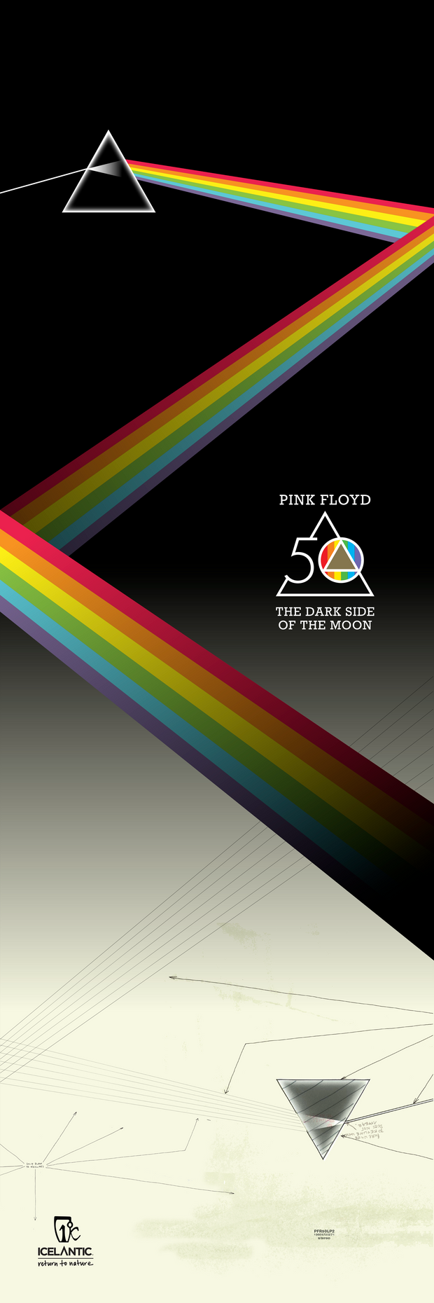 A prism splits light into a rainbow against a black background, honoring Pink Floyd’s The Dark Side of the Moon 50th anniversary. “Limited Edition Pink Floyd X Icelantic Collab” and Icelantic Skis branding appear above a beige lower half with abstract lines and another prism, making this giclée print a bold tribute—ideal for fine art prints or wrapped canvas showcases.