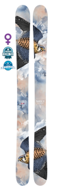 A pair of Icelantic 23/24 Maiden 101 women’s freeride skis, featuring a striking falcon soaring across a cloudy sky graphic, constructed with a poplar wood core and adorned with award badges and the Maiden 101 name on the left side.