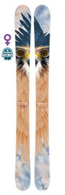 The Icelantic 23/24 Maiden 111 is a pair of women's freeride skis featuring an illustrated owl face with blue, cream, and tan feathers; a Female FreeSkier Editors Pick badge appears on the left. Built with a responsive poplar wood core, these pow skis deliver both style and performance on the mountain.