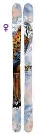 The Icelantic 23/24 Maiden 91 skis showcase a detailed illustration of a bird, possibly a kestrel or falcon, set against a cloudy sky background. Designed as playful skis for adventurous riders, they also feature a purple female symbol to the left of the skis.