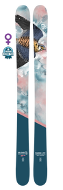 Experience the 23/24 Maiden Lite by Icelantic—ultra-lite freeride skis handmade in Colorado, showcasing a soaring falcon beneath a dreamy pink and blue sky. These top-tier, all-mountain skis feature a bold teal bottom section, plus a female symbol and Freeskier Editors’ Pick badge near the top left for added distinction.