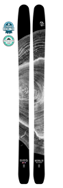 A pair of Icelantic 23/24 Natural 101 skis, featuring a black design with white wood grain pattern, are displayed vertically. Handmade in Colorado and lightweight, these skis are crafted for backcountry touring. Two award badges appear in the upper left corner. "Natural 101" and Icelantic brand logos are visible near the bottom of the skis.