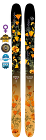 The Icelantic 23/24 Nia Pro 105 skis feature a vibrant orange and yellow California poppy and wildflower design, adorned with award badges and a female symbol. Handmade in Colorado, these skis are built for performance with their Reflective Rocker profile, combining beauty and functionality for the slopes.