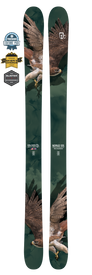 A pair of Icelantic 23/24 Nomad 105 freeride skis, handmade in Colorado, featuring a detailed illustration of a soaring eagle with talons extended against a dark green background. Two award badges are displayed to the left of the skis.
