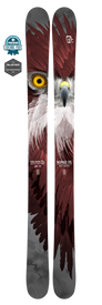The Icelantic 23/24 Nomad 115 skis feature a detailed illustration of a red and white owl’s face with piercing yellow eyes set against a gray background. Designed as a wide, playful ski with a poplar wood core, this model delivers excellent performance across varying terrain. Award badges are displayed to the left.