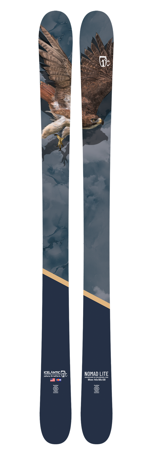 A pair of Icelantic 23/24 Nomad Lite skis featuring the image of a soaring eagle with outstretched wings against a dark blue, cloudy background. Designed as an ultra-lite freeride ski, they also display brand logos and model information near the base.