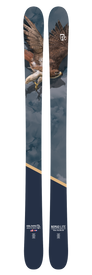 A pair of Icelantic 23/24 Nomad Lite skis featuring the image of a soaring eagle with outstretched wings against a dark blue, cloudy background. Designed as an ultra-lite freeride ski, they also display brand logos and model information near the base.