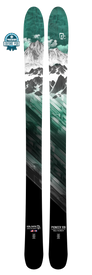 The Icelantic 23/24 Pioneer 109 powder skis showcase a striking green, white, and black color scheme with mountain graphics, geometric patterns, and an “Editor’s Pick” badge. Proudly handmade in Colorado, both the Icelantic brand and Pioneer 109 model are prominently displayed on these standout skis.