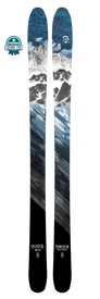 A pair of Icelantic 23/24 Pioneer 96 skis, handmade in Colorado and decorated with a mountain landscape design featuring snow-capped peaks and geometric blue and gray patterns, plus an Editors Pick badge in the upper left corner—crafted to be the perfect one-ski-quiver.