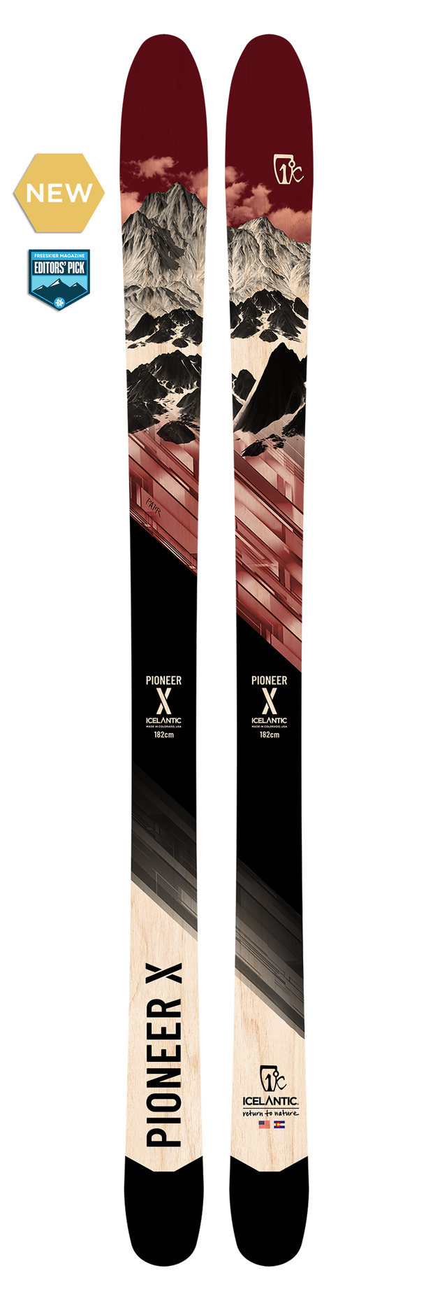 A pair of 23/24 Pioneer X skis by Icelantic, handmade in Colorado with mountain-inspired graphics and featuring the Pioneer X and Icelantic names on each ski. Designed for versatility as all-mountain skis, they also showcase NEW and Editors Pick badges near the top left.