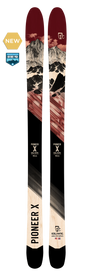 A pair of 23/24 Pioneer X skis by Icelantic, handmade in Colorado with mountain-inspired graphics and featuring the Pioneer X and Icelantic names on each ski. Designed for versatility as all-mountain skis, they also showcase NEW and Editors Pick badges near the top left.