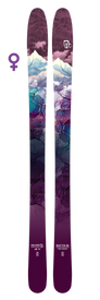 A pair of Icelantic 23/24 Riveter 85 women’s skis featuring a striking mountain and sky motif in purple hues. The tops showcase snowy mountain peaks merging into blue and purple abstract patterns for a visually captivating appearance. Designed as an all-mountain ski, the base displays the “Riveter 85” name alongside the Icelantic logo.