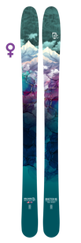 The Icelantic 23/24 Riveter 95 women's skis feature a striking teal and purple color scheme with a mountain scene and female symbol, making them ideal for all-mountain ski adventures.