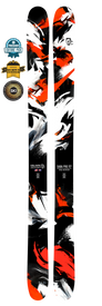 A pair of 23/24 Saba Pro 117 handmade skis by Icelantic features a striking abstract red, black, and white design. Two award badges are visible on the left side of the image, highlighting the recognition these skis have received.
