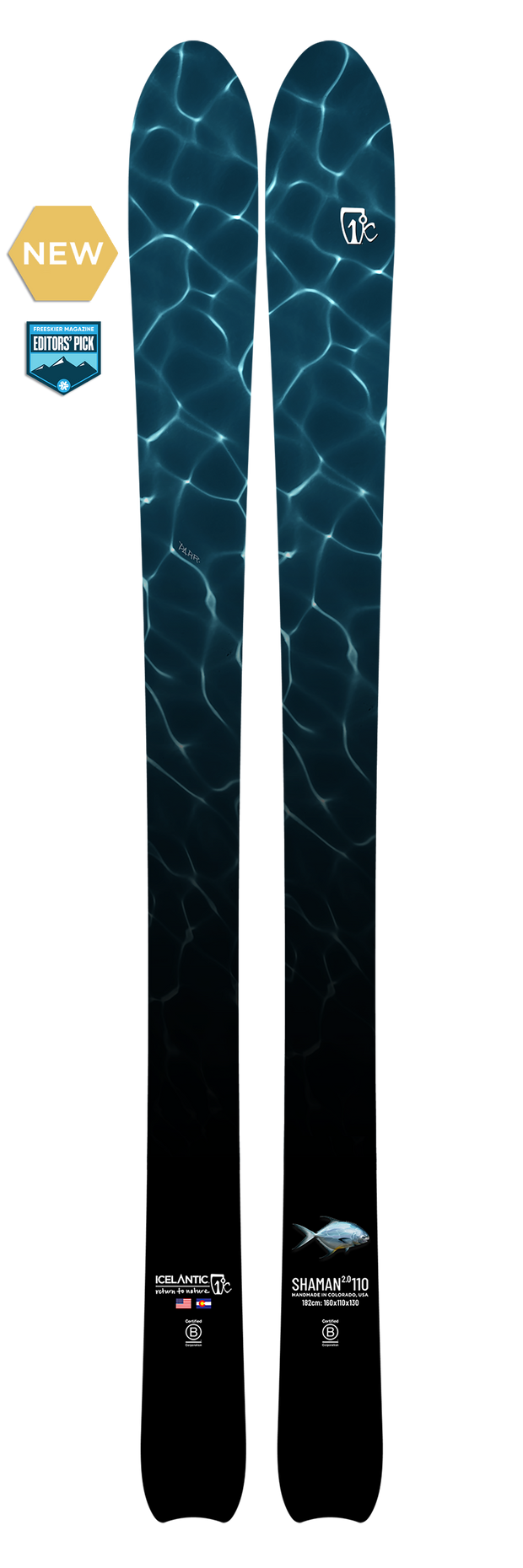 A pair of Icelantic 23/24 Shaman 2.0 110 powder skis with a water ripples design, featuring NEW and Editors Pick badges on the left, set against a white background.