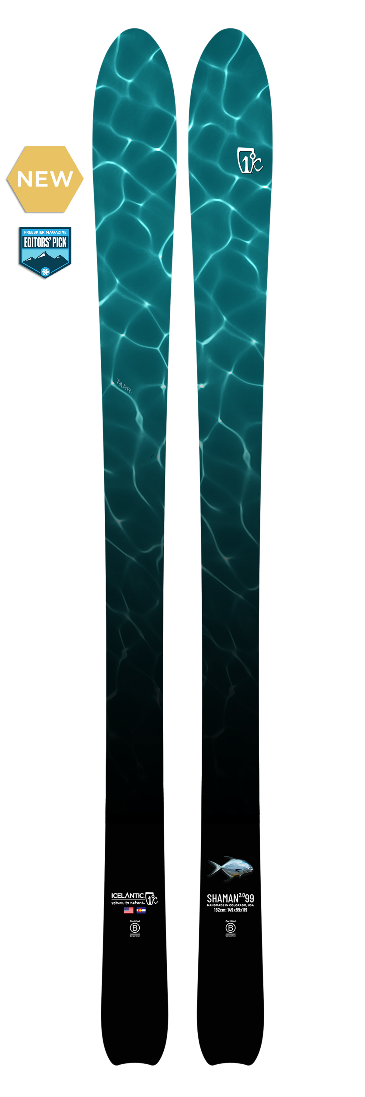 The Icelantic 23/24 Shaman 2.0 99 skis, labeled as new and an editor’s pick, feature a striking design reminiscent of sunlight reflecting on a swimming pool. Shown on a plain background, these all-mountain skis combine standout style and versatile performance for any adventure.