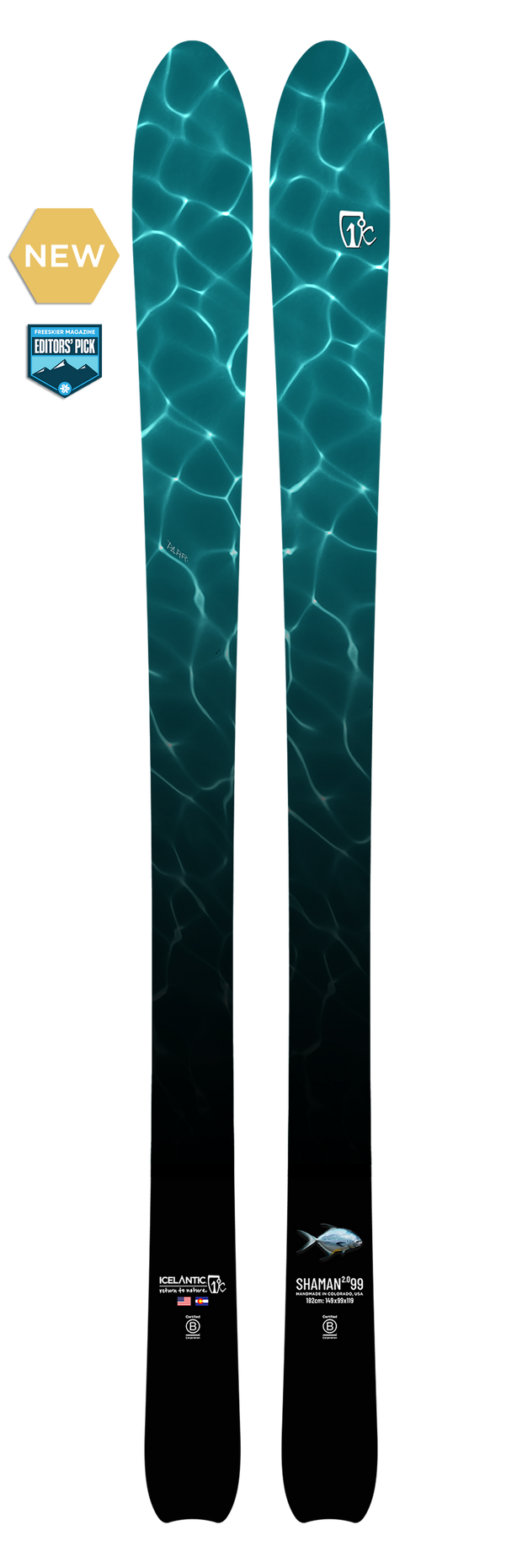 The Icelantic 23/24 Shaman 2.0 99 skis, labeled as new and an editor’s pick, feature a striking design reminiscent of sunlight reflecting on a swimming pool. Shown on a plain background, these all-mountain skis combine standout style and versatile performance for any adventure.