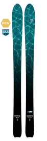 The Icelantic 23/24 Shaman 2.0 99 skis, labeled as new and an editor’s pick, feature a striking design reminiscent of sunlight reflecting on a swimming pool. Shown on a plain background, these all-mountain skis combine standout style and versatile performance for any adventure.