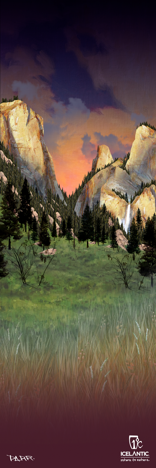 Experience the beauty of Yosemite with the Yosemite Fine Art Print by Icelantic Skis, featuring a grassy meadow dotted with pine trees, towering rocky cliffs, and a vibrant pink-orange sunset sky. The foreground transitions to a rich dark burgundy. This striking piece is part of the Yosemite Park Collection and is offered as a fine art print, with Icelantic and Barr logos displayed at the bottom.