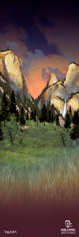 Experience the beauty of Yosemite with the Yosemite Fine Art Print by Icelantic Skis, featuring a grassy meadow dotted with pine trees, towering rocky cliffs, and a vibrant pink-orange sunset sky. The foreground transitions to a rich dark burgundy. This striking piece is part of the Yosemite Park Collection and is offered as a fine art print, with Icelantic and Barr logos displayed at the bottom.