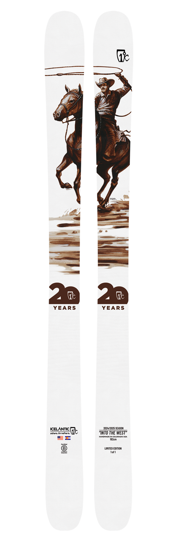 A pair of Icelantic 20 Yr 24/25 Nomad 106 skis in white, showcasing an illustration of a cowboy on horseback with a lasso. The phrases "20 YEARS" and "Limited Edition" are displayed near the bottom, highlighting the exclusivity of this all-mountain ski.